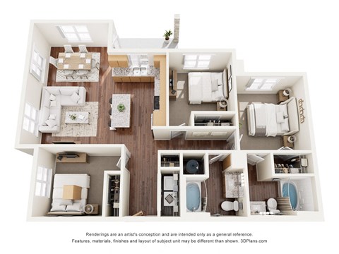 Floor plan for 3 beds, 2 baths, 1225 sqft